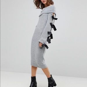 Off-the-shoulder sweater dress with ribbon ties